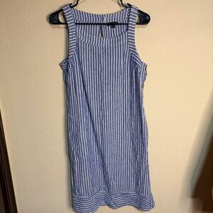 For Cynthia Blue and White Striped Mini Linen Blend Dress with Button Down Side